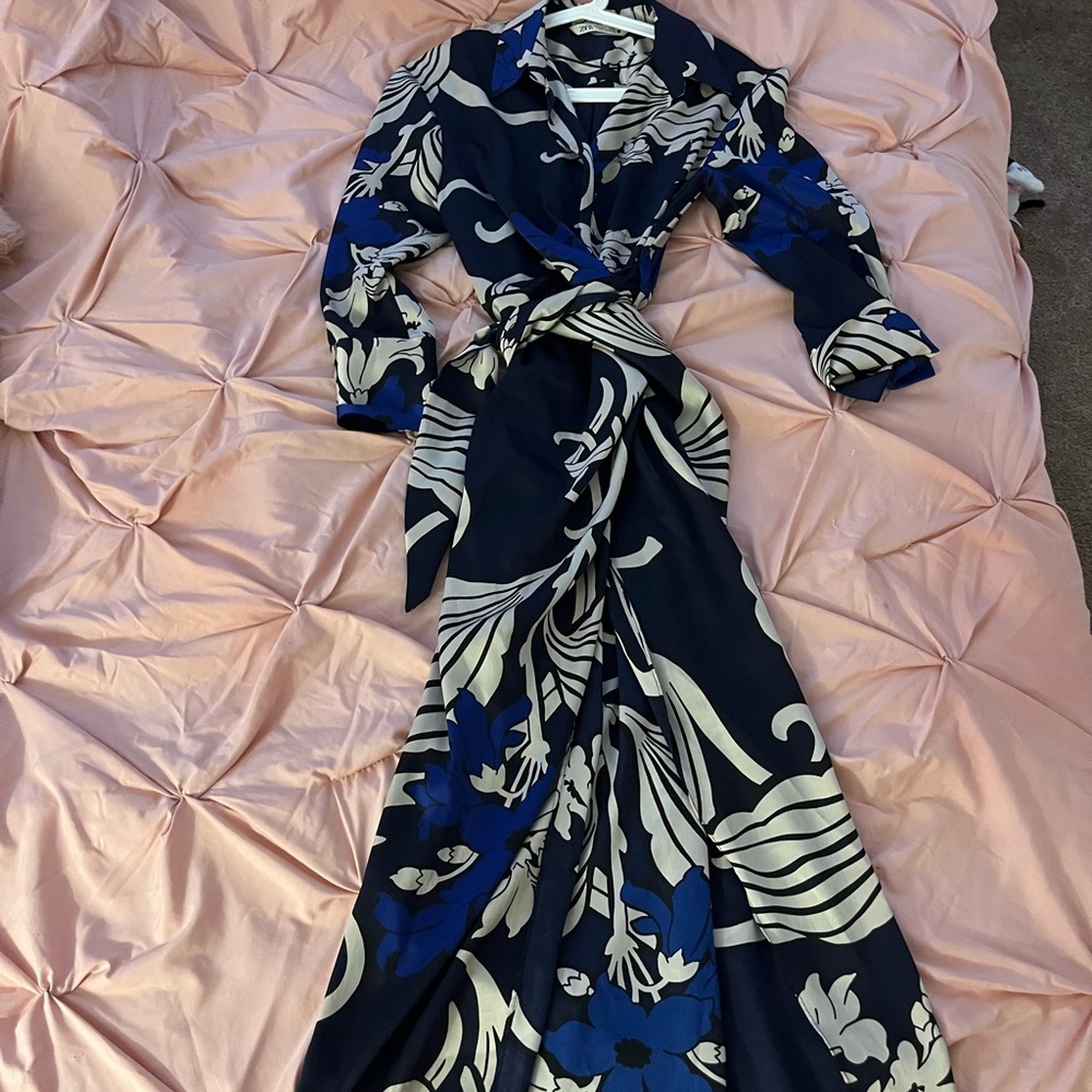 Zara Blue and White Resort Gown with Bishop Sleeves